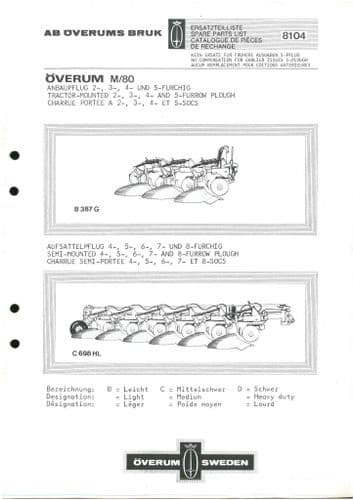 Overum Plough M/80 Tractor Mounted B387G 2-5 Furrow, Semi Mounted  C698HL 4-8 Furrow  Parts Manual