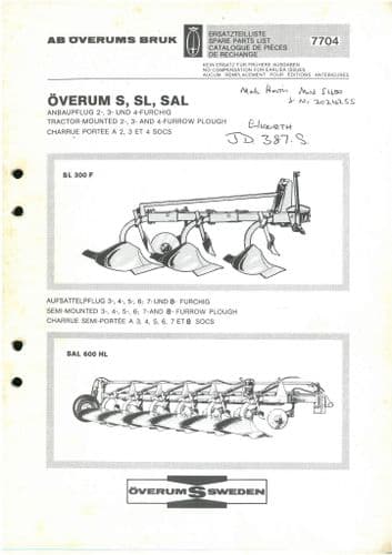 Overum Plough Tractor Mounted SL300F 2-4 Furrow, Semi Mounted  SAL600HL 3-8 Furrow  Parts Manual