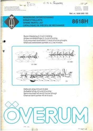 Overum Semi/Fully Mounted Plough CV398 CV498 DV Parts Manual 2, 3, 4 & 5 Furrow