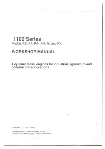 Perkins Diesel Engine 1100 Series - Models RE, RF, RG, RH, RJ & RK Workshop Service Repair Manual