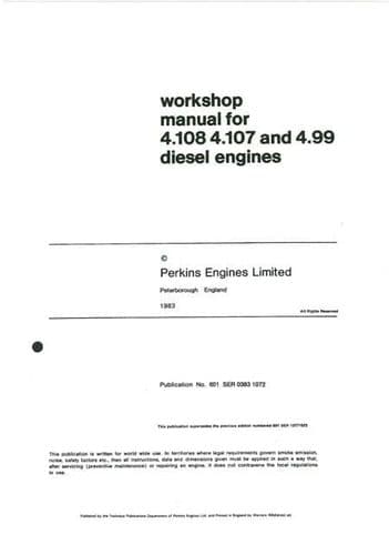 Perkins Diesel Engine 4.108 4.107 4.99 Service Workshop Manual
