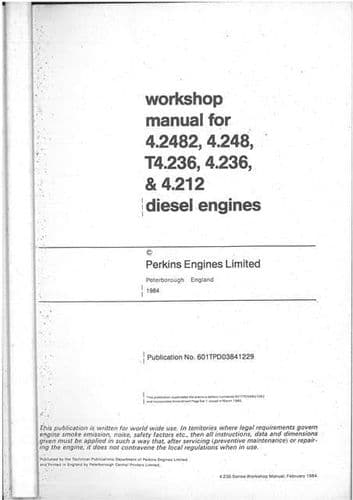 Perkins Diesel Engine 4.2482, 4.248, T4.236, 4.236, 4.212, A4.212 Service Workshop Manual - A4212