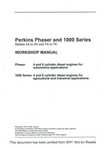 Perkins Diesel Engine Phaser/1000 Series AA AB AC AD AE AG AH YA YB YC YD YE Workshop Service Manual