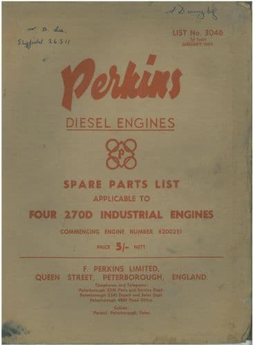 Perkins Diesel Industrial Engine Four 270D Parts Manual