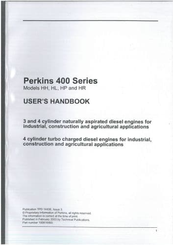 Perkins  Engine 400 Series Model HH HL HP & HR Operators Manual