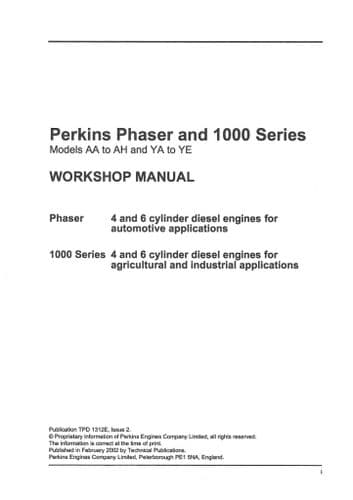 Perkins Engine Phaser & 1000 Series Workshop Service Manual - Models AA to AH & YA to YE
