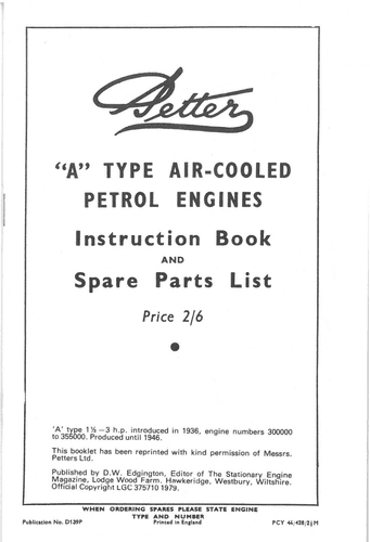 Petter Air Cooled Petrol Engine "A" Type Operators Manual and Spare Parts List