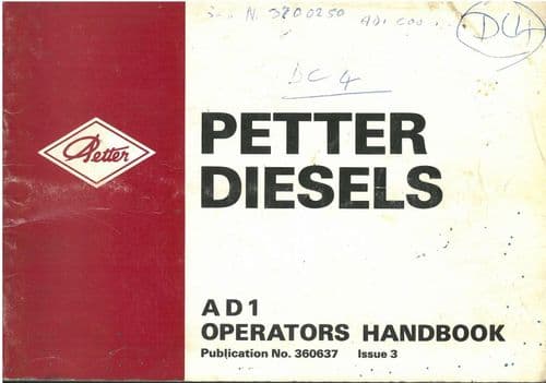 Petter Diesel Engines AD1 Operator Manual With Parts List A D 1