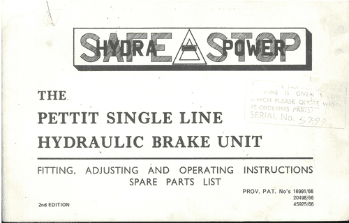Pettit Single Line Hydraulic Brake Unit Operators Manual Including Parts List