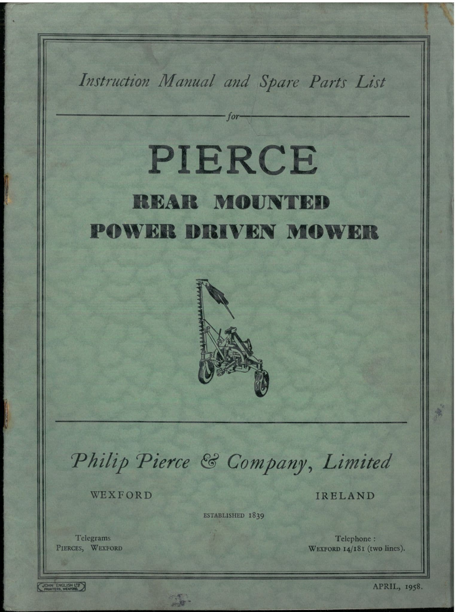 Pierce Rear Mounted Power Driven Mower Operators & Parts List