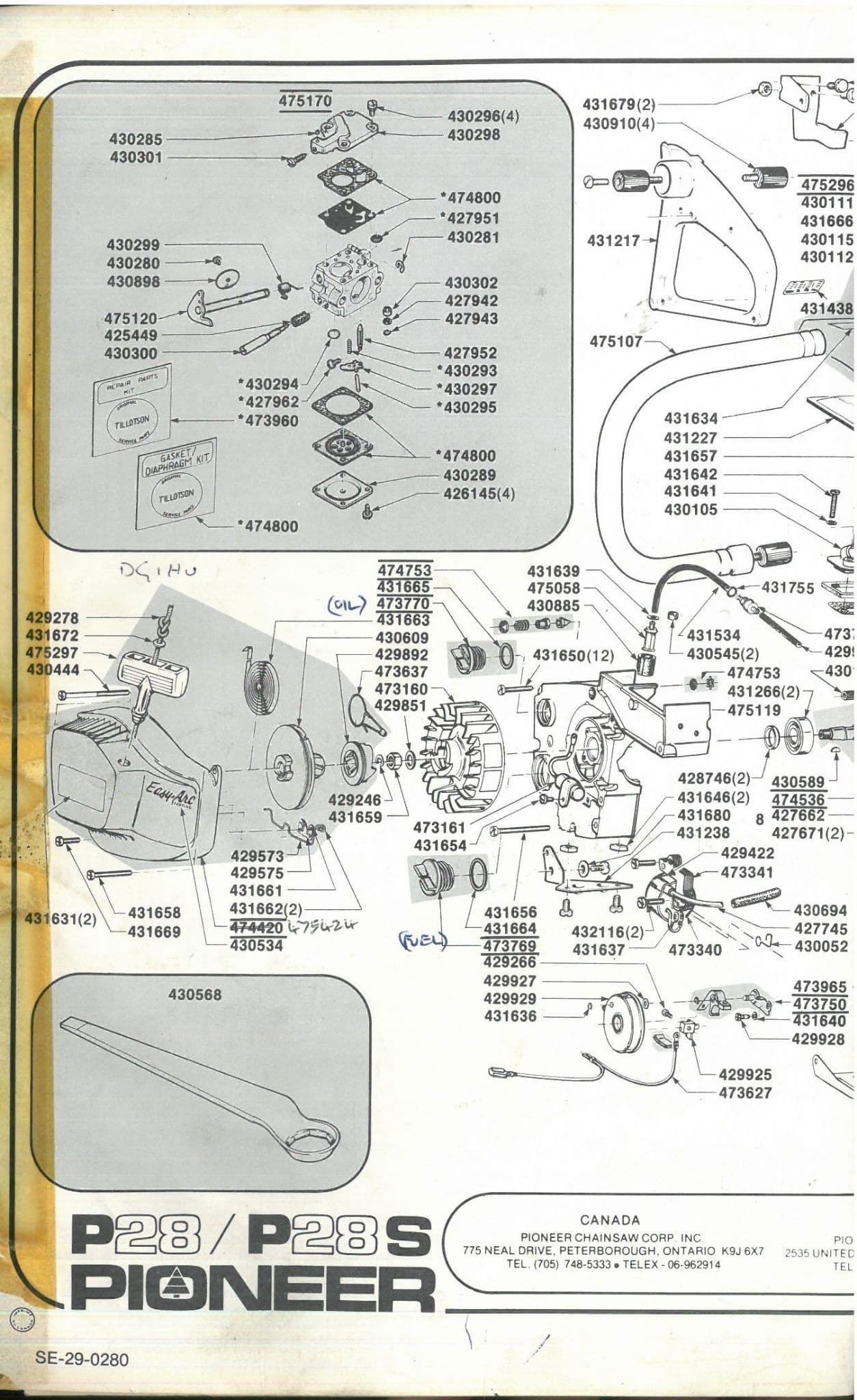 Pioneer Chainsaw Model P28 & P28S Parts Manual