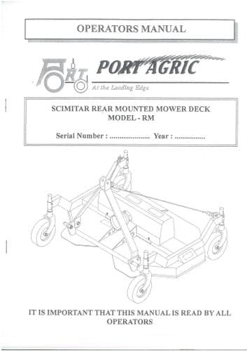 Port Agric Rear Mounted Mower Deck Scimitar Model - RM Operators Manual