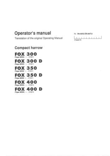 Pottinger Compact Harrow FOX 300, 300 D, 350, 350 D, 400, 400 D Operators Manual