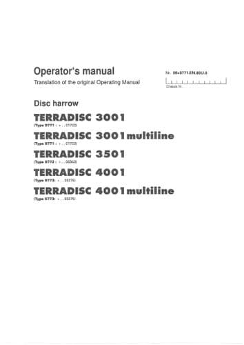 Pottinger Disc Harrow TERRADISC 3001, 3001multiline, 3501, 4001, 4001multiline Operators Manual