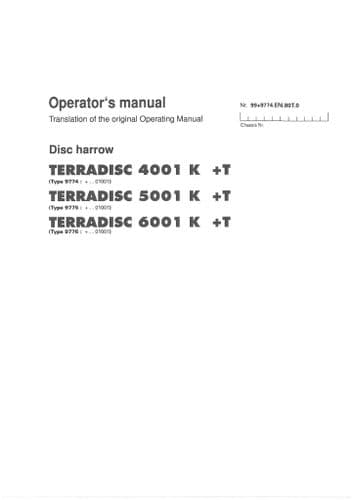 Pottinger Disc Harrow TERRADISC 4001 K +T, 5001 K +T, 60001 K +T Operators Manual