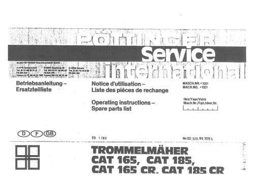 Pottinger Disc Mower CAT 165 185 165CR 185CR Operators Manual