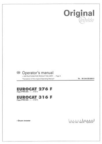 Pottinger Disc Mower Eurocat 276F 316F Operators Manual