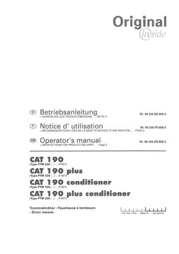 Pottinger Drum Mower CAT 190, 190 Plus, 190 Conditioner, 190 Plus Conditioner Operators Manual