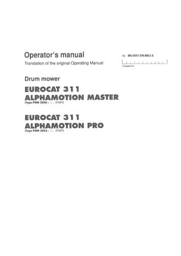 Pottinger Drum Mower Eurocat Alphamotion 311 Master 311 Pro Operators Manual
