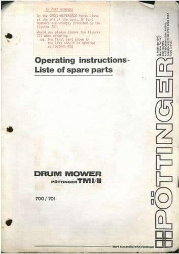 Pottinger Drum Mower TMI & TMII Operators Manual with Parts List