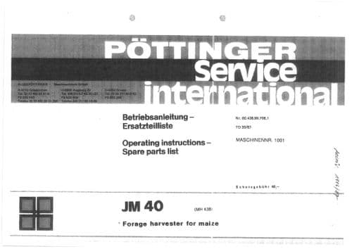 Pottinger Forage Harvester JM40 Operators Manual and Spare Parts List