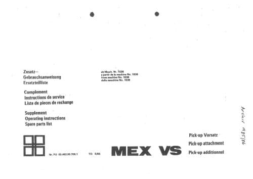 Pottinger Forage Harvester MEX VS Operators Manual and Spare Parts List