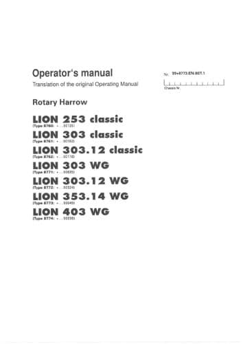 Pottinger Harrow LION 253 303 303.12 classic, 303 403 303.12 353.14 WG Operators Manual