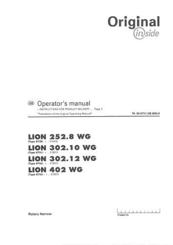 Pottinger Harrows LION 252.8 WG, 302.10 WG, 302.12 WG, 402 WG Operators Manual