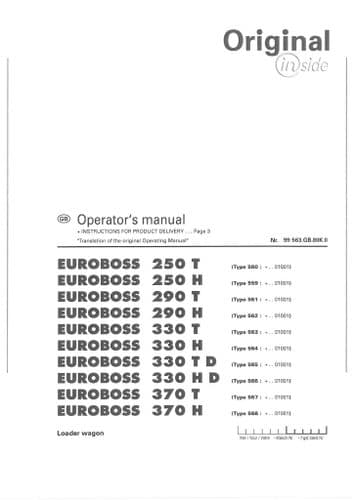 Pottinger Loader Wagon Euroboss 250T 250H 290T 290H 330T 330H 330TD 330HD 370T 370H Operators Manual