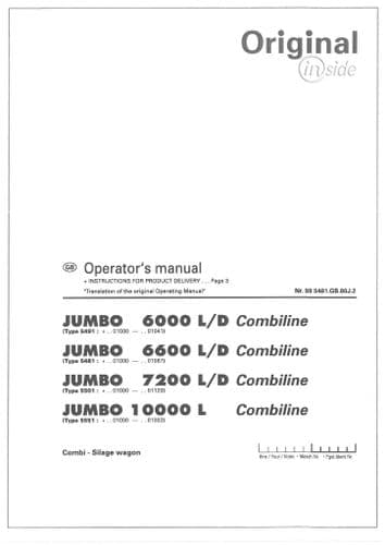 Pottinger Loader Wagon Jumbo 6000L 6000D 6600L 6600D 7200L 7200D 10000L Combiline Operators Manual