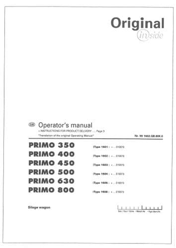 Pottinger Loader Wagon Primo 350 400 450 500 630 800 Operators Manual