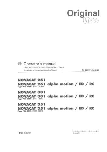 Pottinger Mower NovaCat 261 261ED 261RC 301 301ED 301RC 351 351ED 351RC Alpa Motion Operators Manual