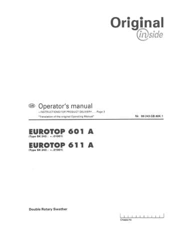 Pottinger Rotary Swather EUROTOP 601 A,  611 A Operators Manual