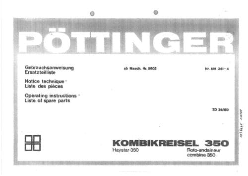 Pottinger Rotary Swather KOMBIKREISEL 350 Operators & Parts Manual