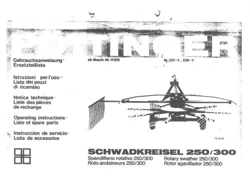 Pottinger Rotary Swather SCHWADKREISEL 250 300 Operators & Parts Manual