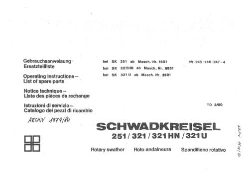 Pottinger Rotary Swather SCHWADKREISEL  251, 321, 321 HN, 321 U Operators & Parts Manual