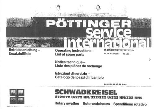 Pottinger Rotary Swather SCHWADKREISEL 272 272U 272HN 322 322U 322HN 322HNS Operators & Parts Manual