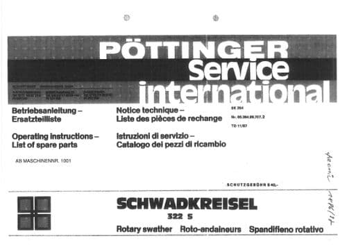 Pottinger Rotary Swather SCHWADKREISEL 322S Operators & Parts Manual