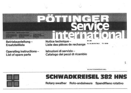 Pottinger Rotary Swather SCHWADKREISEL 382NHS Operators & Parts Manual