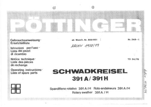 Pottinger Rotary Swather SCHWADKREISEL 391A 39H Operators & Parts Manual