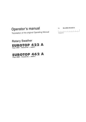 Pottinger Rotary Swather SCHWADKREISEL Eurotop 422A 462A Operators Manual