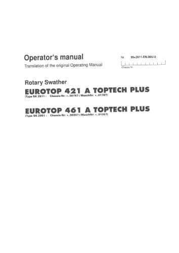 Pottinger Rotary Swather SCHWADKREISEL Eurotop Toptech Plus 421A 461 Operators Manual