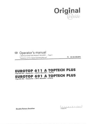 Pottinger Rotary Swather SCHWADKREISEL Eurotop Toptech Plus 611A 691A Operators Manual