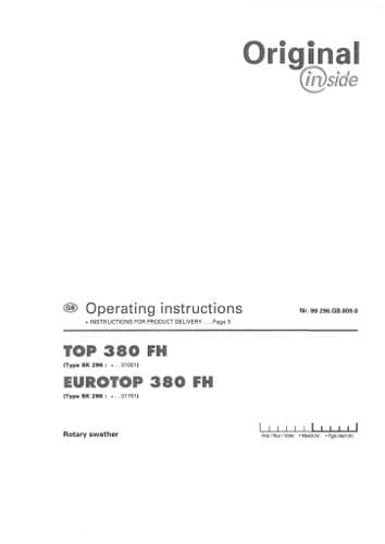 Pottinger Rotary Swather TOP 380 FH, EUROTOP 380 FH Operators Manual