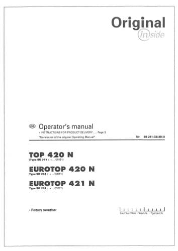 Pottinger Rotary Swather TOP 420 N, EUROTOP 420 N, EUROTOP 421 N Operators Manual