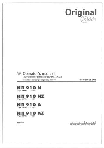 Pottinger Rotary Tedder HIT 910 N, HIT 910 NZ, HIT 910 A, HIT 910 AZ Operators Manual