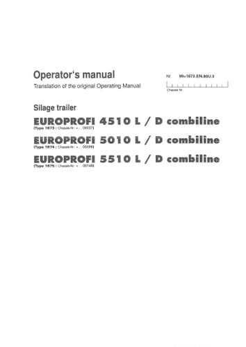 Pottinger Silage Trailer Europrofi 4510L 4510D 5010L 5010D 5510L 5510D Combiline Operators Manual