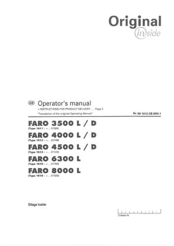 Pottinger Silage Trailer Faro 3500L 3500D 4000L 4000D 4500L 4500D 6300L 8000L  Operators Manual