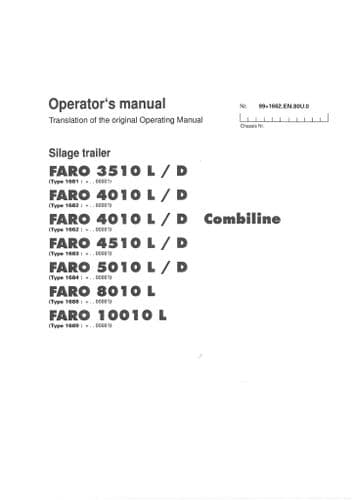 Pottinger Silage Trailer Faro 3510LD 4010LD 4510LD 5010LD 8010L 10010L Operators Manual