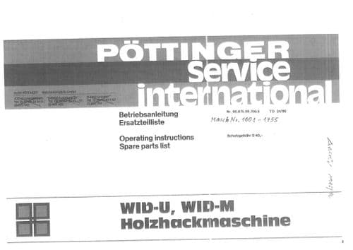 Pottinger Wood Chipper WID-U, WID-M Operators Manual and Spare parts List